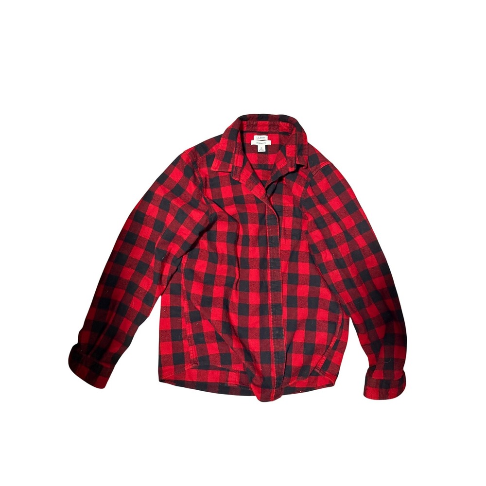 LL Bean Womens Relaxed Fit Flannel Shirt Red Black Buffalo Plaid Medium M Button